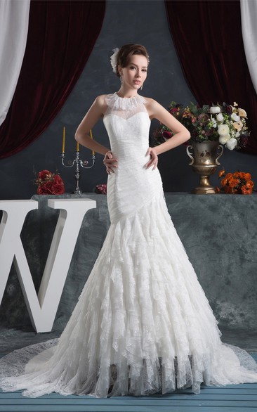 Sleeveless Ruched Mermaid Cascading Ruffles and Dress With Appliques