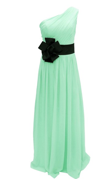 One-shoulder Pleated Chiffon A-line Gown With Floral Band