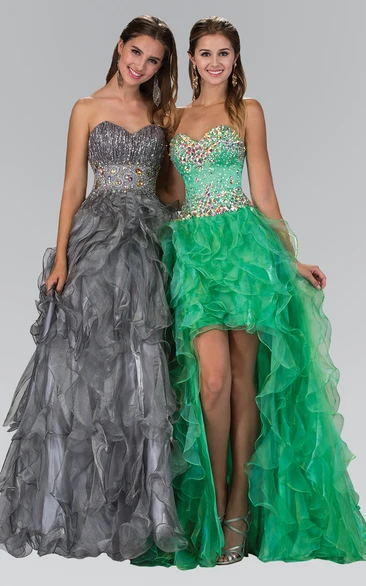 A-Line Long Sweetheart Sleeveless Organza Backless Dress With Beading And Ruffles