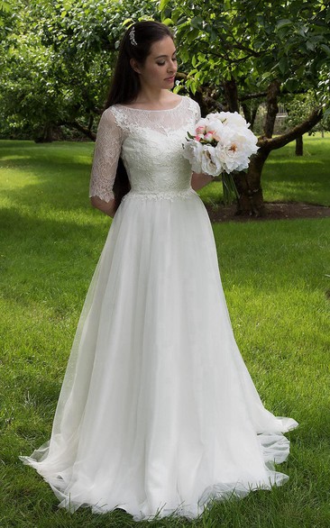 Half Sleeve Lace and Tulle Dress With Bateau Neckline and Illusion Back