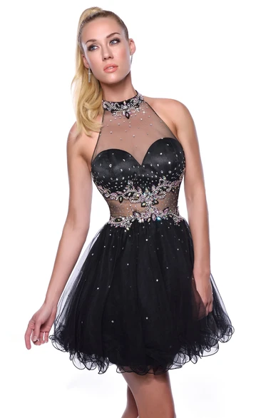 High Neck Sleeveless Short Tulle Homecoming Dress With Crystal Detailing