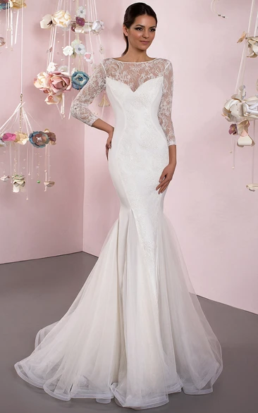 Mermaid 3-4 Sleeve Lace Bateau Neck Tulle Wedding Dress With Brush Train