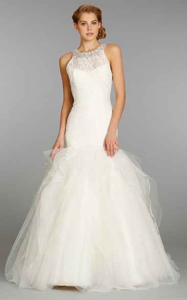 Elegant Lace Bodice Organza Tulle Dress With Crystal Embellished Neckline