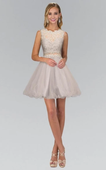 A-Line Short Jewel-Neck Sleeveless Lace Illusion Dress With Appliques