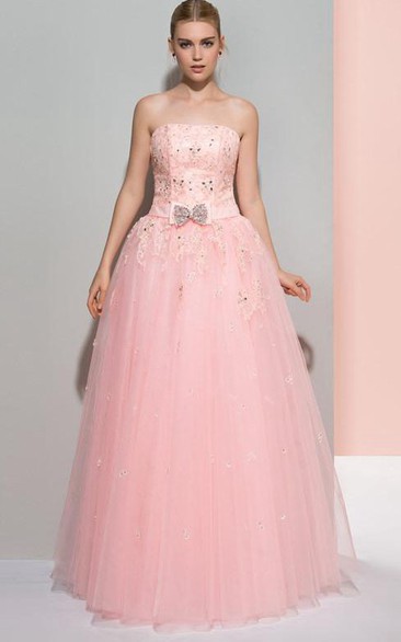 Strapless A-Line Appliques Beading Bowknot Long Prom Dress