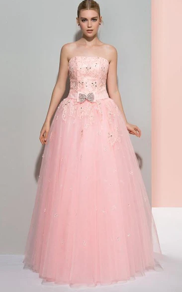 Strapless A-Line Appliques Beading Bowknot Long Prom Dress