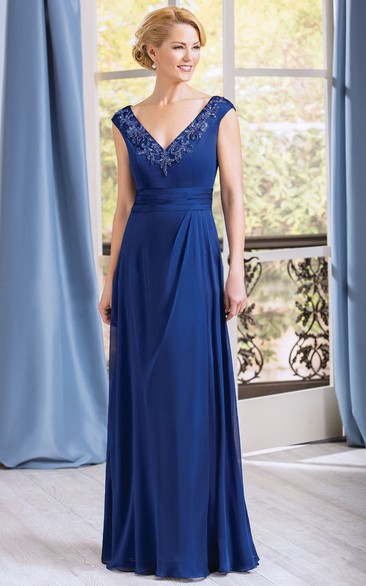 Cap-Sleeved V-Neck A-Line Gown With Appliqued Neckline