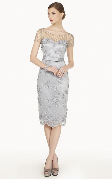 Beading Net Short Sleeve Sheath Knee Length Lace Prom Dress With Satin Belt