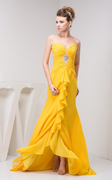 Sweetheart High-Low Chiffon Criss-Cross Draping and Dress With Broach