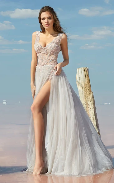 A-line Floor-length V-neck Sleeveless Tulle Low-V Back Dress