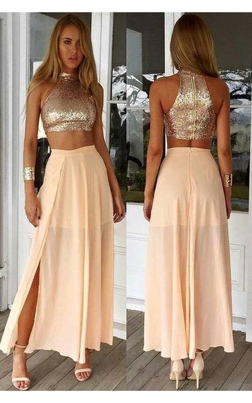 Newest Sequined Two Piece Prom Dress Front Split Floor-length