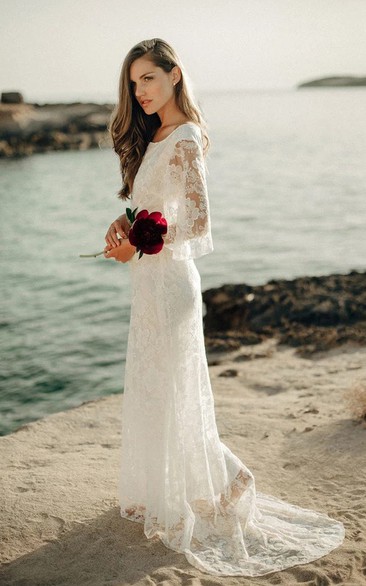 Ethereal Sheath Illusion Bat Sleeve Low-V Back Bridal Gown