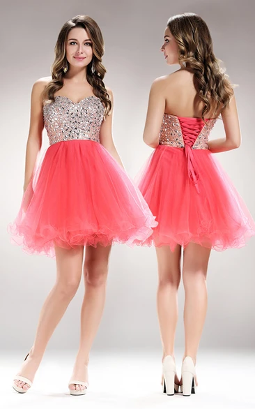 A-Line Short Sweetheart Sleeveless Tulle Lace-Up Dress With Beading And Ruffles