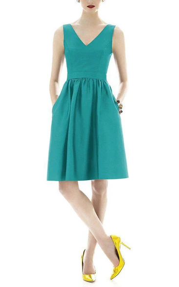 V-neck Satin Short A-line Dress with Pockets