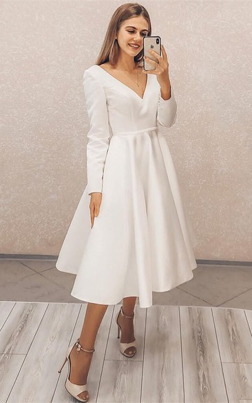 Casual A Line V-neck Satin Tea-length Wedding Dress