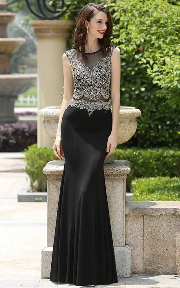 Sheath Floor-Length Bateau Sleeveless Jersey Beading Illusion Dress