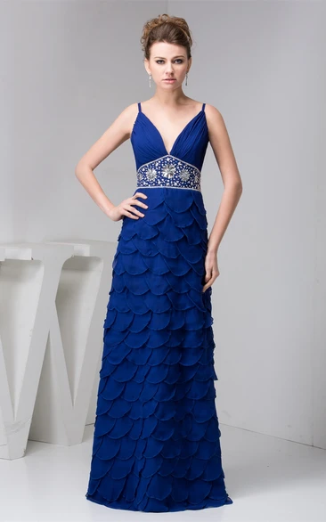 Plunged Maxi Spaghetti-Strap Beaded Waist and Dress With Layers
