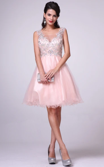 A-Line Long Bateau Sleeveless Tulle Satin Illusion Dress With Beading And Ruffles