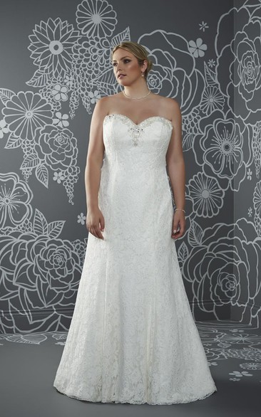 A-Line Floor-Length Sweetheart Sleeveless Lace Sweep Train Lace-Up Back Beading Dress