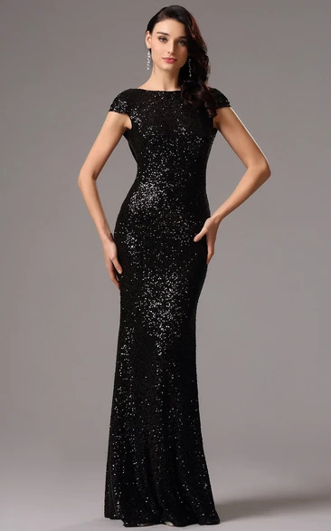 Sheath Floor-Length Bateau Short Sleeve Sequins Low-V Back Dress