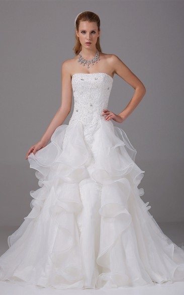 Ruffled A-Line Crystal Detailing and Gown With Appliques