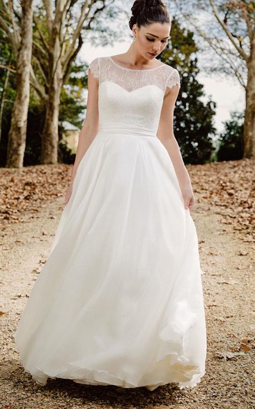 Ethereal A Line Bateau Lace Chiffon Floor-length Deep-V Back Wedding Dress with Ribbon