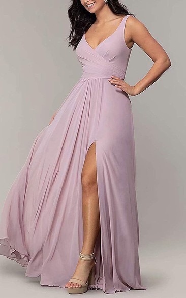 V-neck A Line Sleeveless Floor-length Chiffon Bridesmaid Dress With Split Front