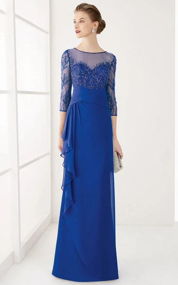 Sheath Jewel-Neck 3-4-Sleeve Long Draped Chiffon Prom Dress With Beading And Sequins