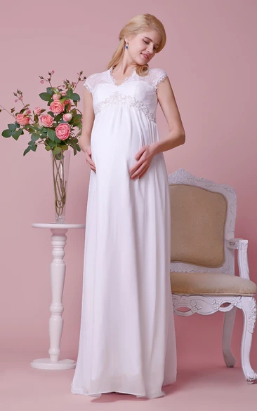 Queen Anne Lace Cap-sleeved Empire Waist A-line Chiffon Gown