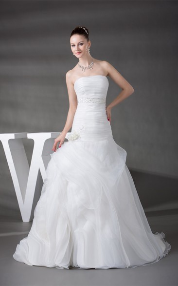 Sleeveless A-Line Ruched Gemmed Waist and Gown With Flower