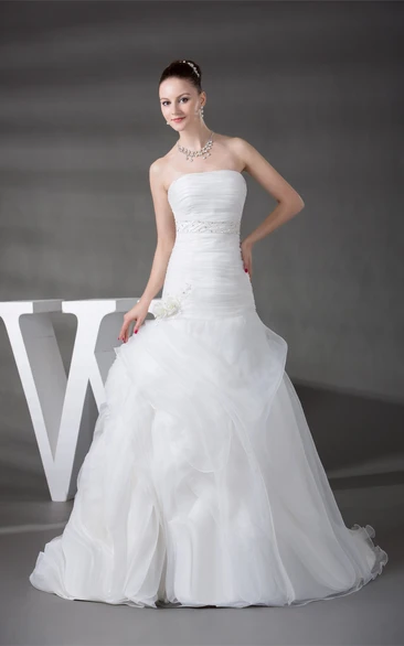 Sleeveless A-Line Ruched Gemmed Waist and Gown With Flower