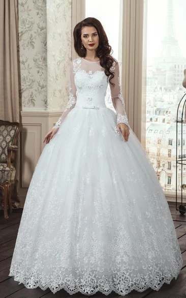 A-Line Long Sleeve Tulle Lace Dress With Flower Illusion Lace-Up Back