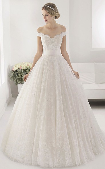 Off Shoulder Sequined Lace Ball Gown With Bandage Back Flower