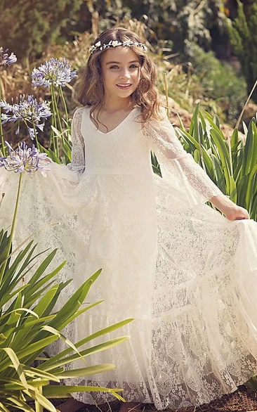 Lace Bohemian Simple Flower Girl Dress With Bell Sleeves