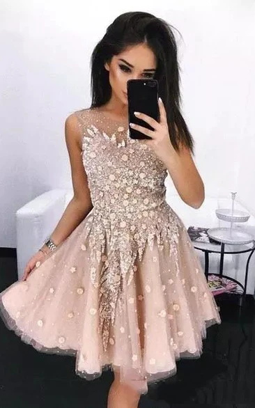 A-line Sleeveless Tulle Sequins Bateau Knee-length Homecoming Dress