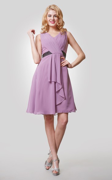 V-Neck Sleeveless Knee Length Chiffon Dress With Pleats and Draping