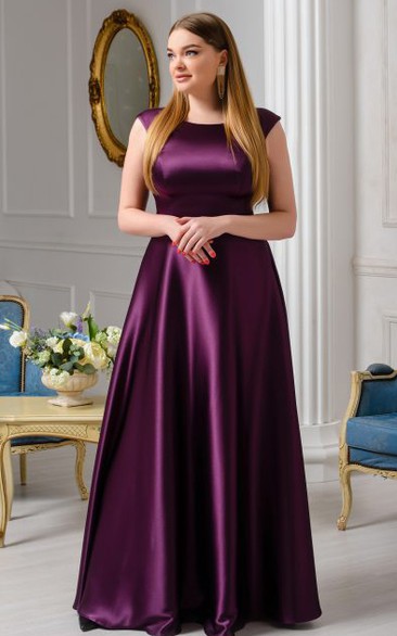 Modern Floor-length Short Sleeve Satin A Line Bateau Neckline Evening Dress 