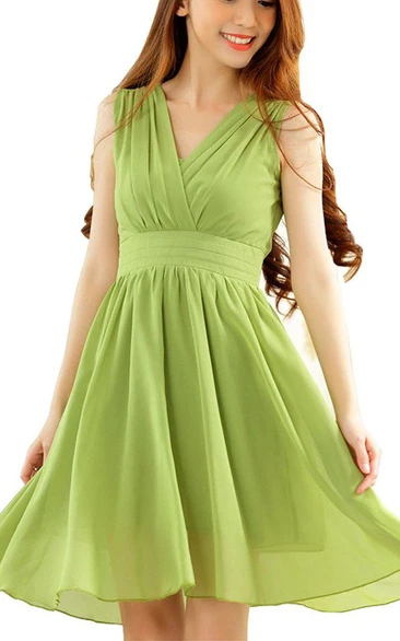 Sleeveless V-neck A-line Short Ruched Chiffon Dress