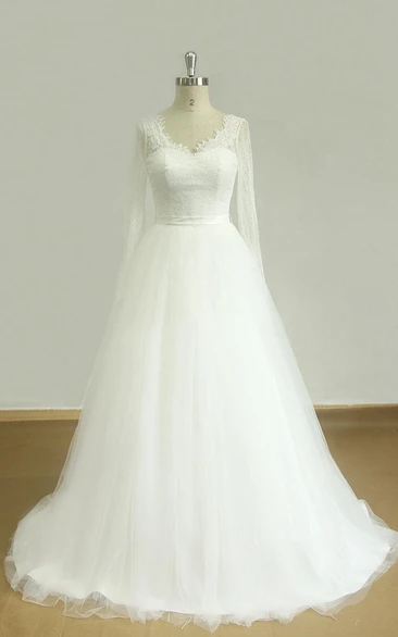 V-Neck Long Sleeve Tulle Lace Satin Dress With Beading