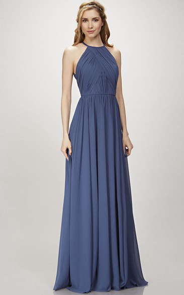 A-Line Scoop Maxi Pleated Sleeveless Chiffon Bridesmaid Dress With Keyhole Back