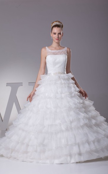 Sleeveless Tiered A-Line Dress With Keyhole Back and Illusion Neckline