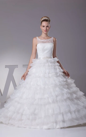 Sleeveless Tiered A-Line Dress With Keyhole Back and Illusion Neckline