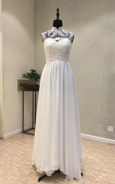 Elegant Garden Style Chiffon Sheath High-neck Sleeveless Wedding Dress with Lace