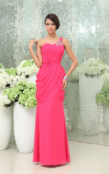 Graceful One-Shoulder Sheath Gown Floral Waist