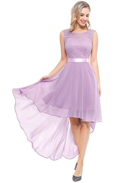 Bateau A Line Sleeveless High-Low Chiffon Bridesmaid Dress With Sash/Ribbon