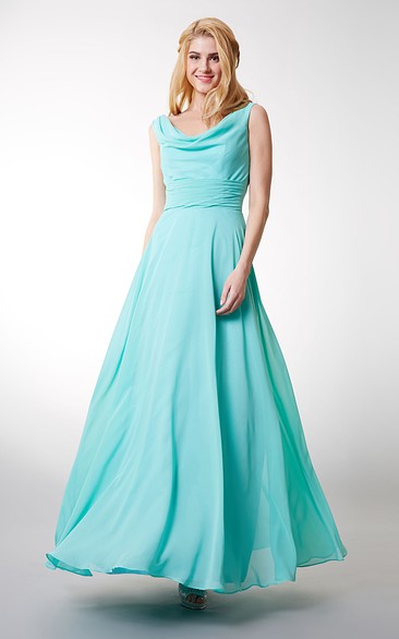 Charming Cowl Neck Sleeveless Long Chiffon Dress With V-neck