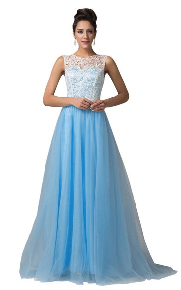 High-neck A-line Chiffon Dress With Lace Bodice