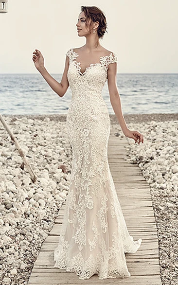 Sheath Cap-Sleeve V-Neck Floor-Length Lace Wedding Dress With Appliques And Illusion