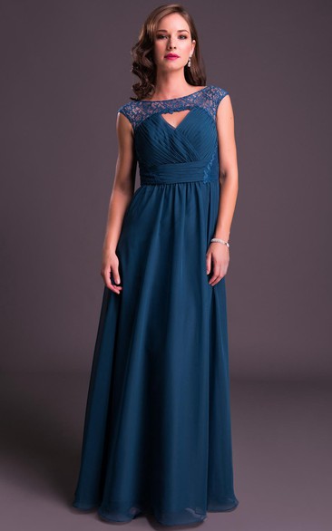 Sheath Scoop-Neck Lace Long Cap-Sleeve Chiffon Prom Dress With Ruching