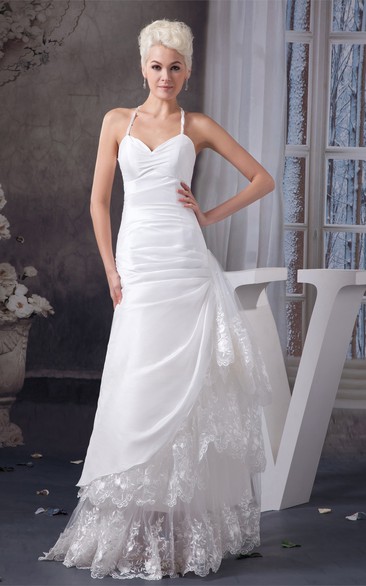 Spaghetti-Strap A-Line Ruched Draping and Dress With Lace